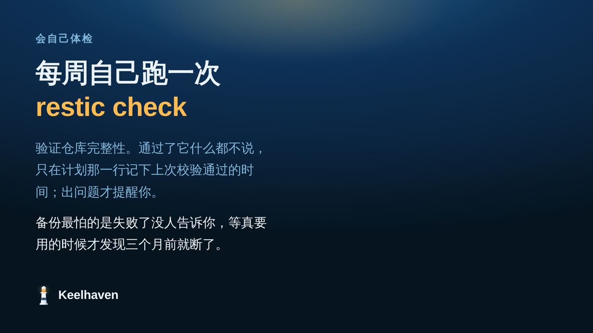 每周自动跑一次 restic check,验证仓库完整性